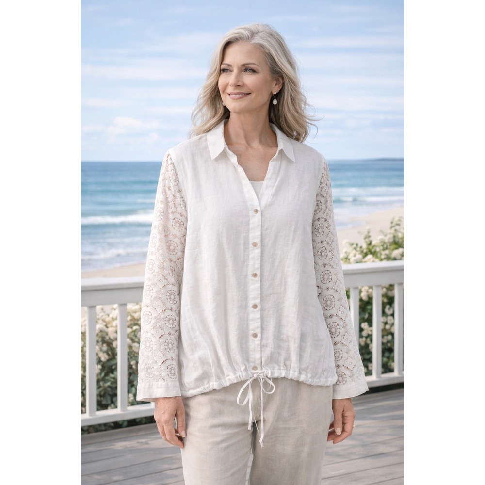 JJill Love Linen‎ White Lace Eyelet Sleeve Button Front Drawstring Blouse Jacket - Picture 2 of 11